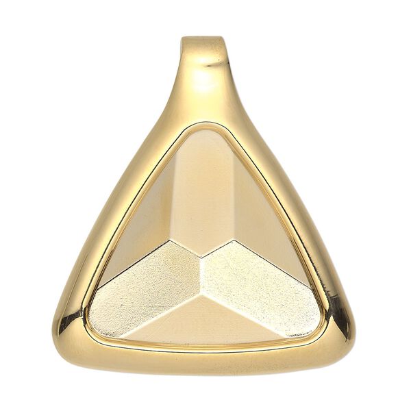 Pendant, Almost Instant Jewelry®, gold-plated "pewter" (zinc-based alloy), 37x37x32mm single-sided triangle with 23mm triangle setting and tube bail. Sold individually. image number 0