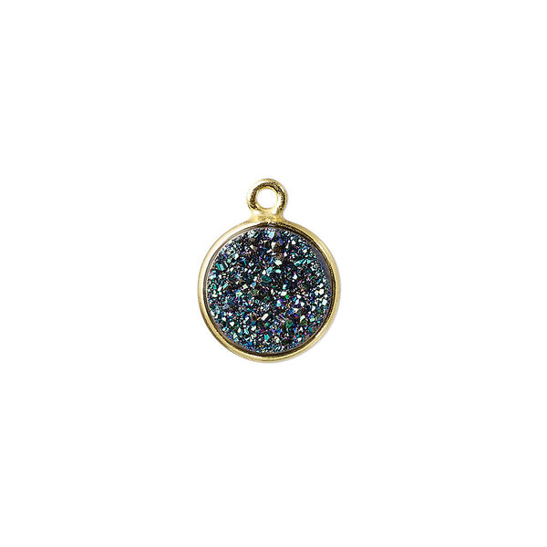 Drop, titanium- / electro-coated druzy agate (coated) / gold-finished sterling silver, green, 11mm hand-cut single-sided flat round. Sold individually. image number 0