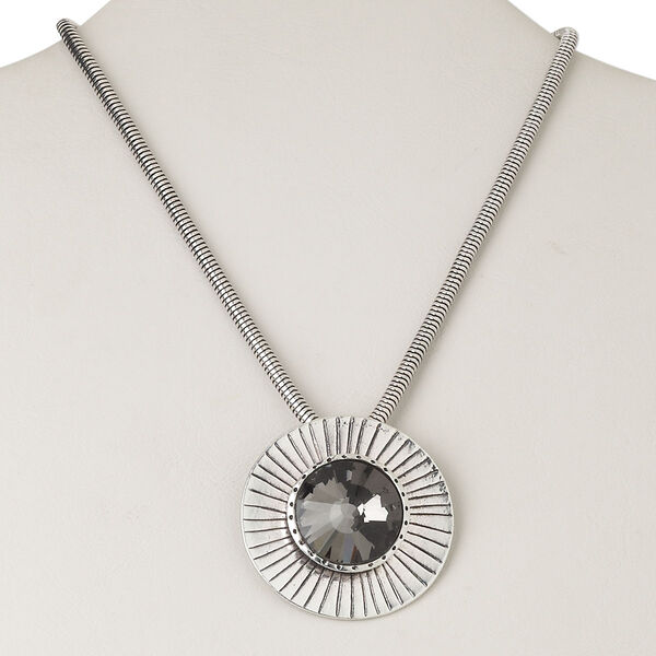 Necklace, Czech glass rhinestone and antiqued silver-finished "pewter" (zinc-based alloy) and steel and/or brass, smoky grey, 51mm flat round with 26mm faceted round, 16 inches with lobster claw clasp and 3-1/2 inch extender chain. Sold individually. image number 0