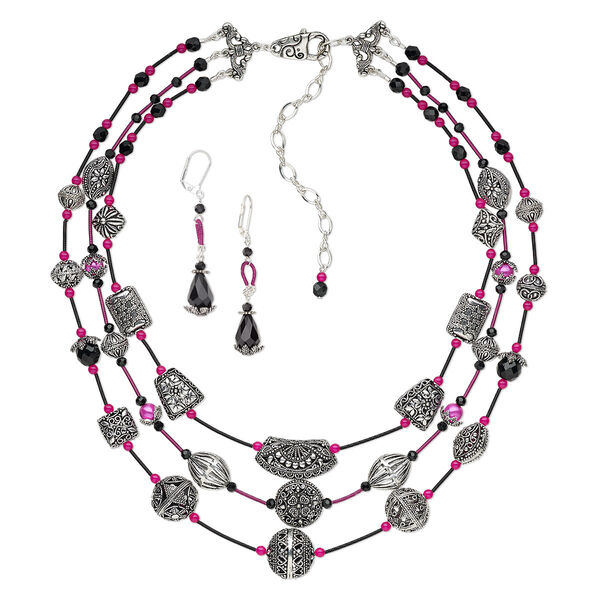 Necklace and earring set, One of a Kind Jewelry, sterling silver / silver-plated brass and pewter (tin-based alloy) / glass, jet and hot pinks, 19-1/2 inch necklace. Only one available. image number 0