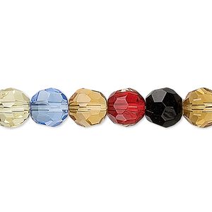 Glass faceted round beads, mixed color, 7-8mm. 14in strand.