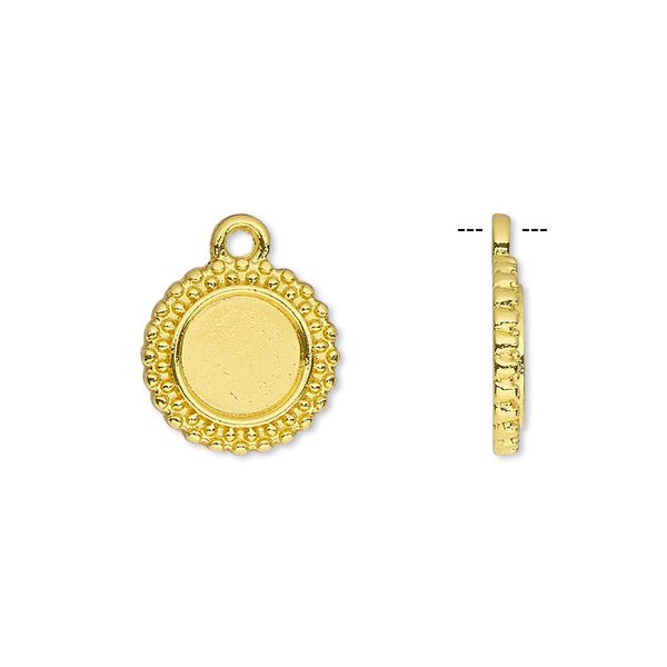Drop, gold-finished brass, 13mm single-sided beaded round with 8mm round setting. Sold per pkg of 10. image number 0
