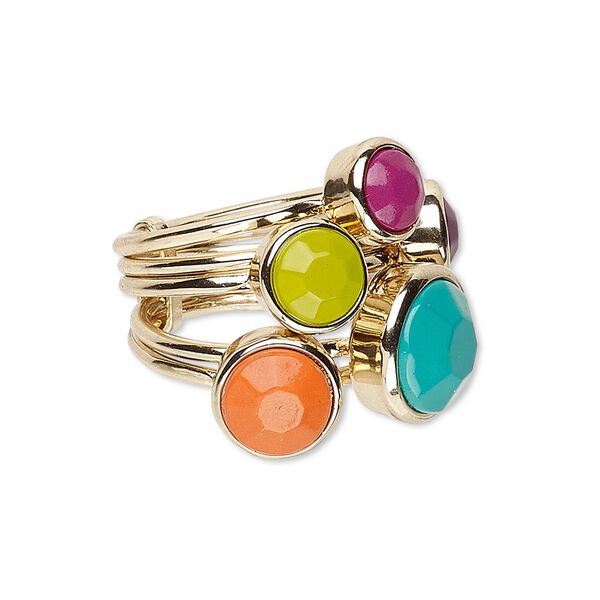 Ring, acrylic and gold-finished "pewter" (zinc-based alloy), jewel tones, 17mm wide, size 7-8. Sold individually. image number 0