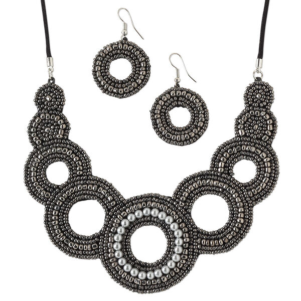 Necklace and earring set, glass / velveteen / waxed cotton cord / silver-plated steel, gunmetal / grey / black, 4-3/4 inches with circle design, adjustable up to 26 inches with macramé knot closure, 1-1/4 inch earrings with fishhook ear wire. Sold per set. image number 0