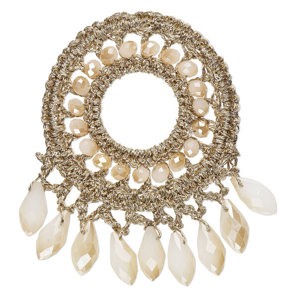 Focal, glass / nylon / steel, gold, 58x56mm-64x62mm open round with fringe. Sold individually. image number 0