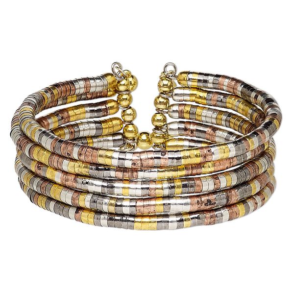 Bracelet, cuff, steel memory wire / gold- / silver- / gunmetal- / antique copper-coated plastic, 28mm wide 5 band, adjustable from 7-1/2 to 8-1/2 inches. Sold individually. image number 0