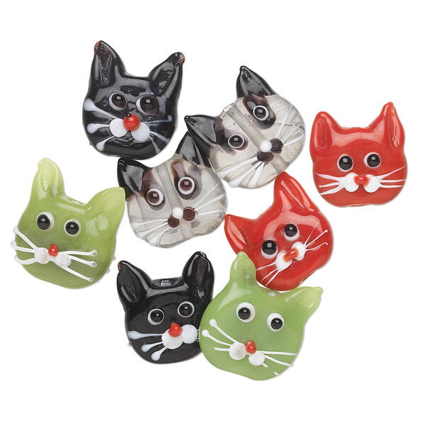 Bead mix, lampworked glass, multicolored, 22x21mm cat head. Sold per pkg of 8. image number 0