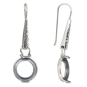 Earring fishhook 1pkg2 sterling silver, 42.5mm flourish marquise design / 12mm round cab 2-prong open back setting, 20 gauge antiqued 1 pair