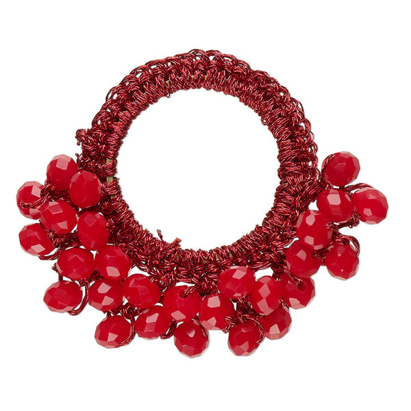 Focal, glass / nylon / steel, dark red, 34x32mm-37x34mm open round with fringe. Sold per pkg of 4. image number 0