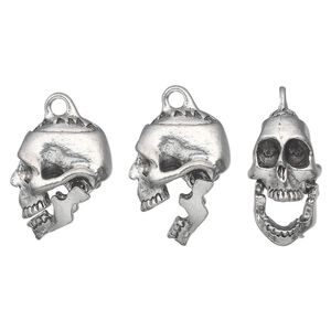 Charm, pewter (tin-based alloy), pkg/1, antiqued, 20x17mm hinged jaw skull.