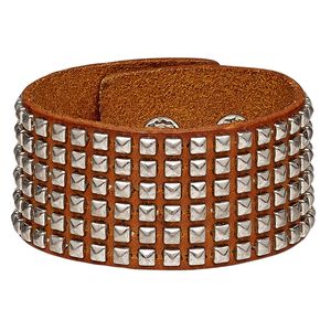 Bracelet, leather (dyed) and silver-plated steel, tan, 35mm wide with square studs, adjustable at 5-1/2 and 6-1/2 inches with snap closure. Sold individually.