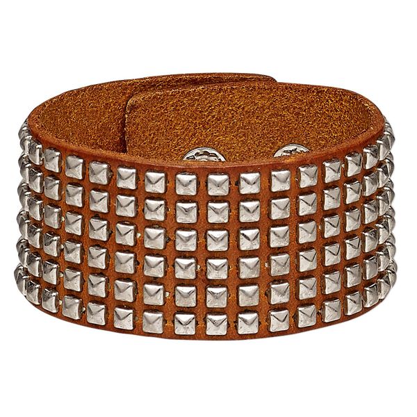 Bracelet, leather (dyed) and silver-plated steel, tan, 35mm wide with square studs, adjustable at 5-1/2 and 6-1/2 inches with snap closure. Sold individually. image number 0