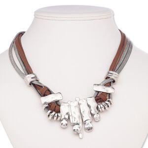 Necklace, 4-strand, suede / antique silver-coated plastic / antique silver-plated steel / brass / "pewter" (zinc-based alloy), brown, fancy rectangle, 18 inches with 2-inch extender chain and lobster claw clasp. Sold individually.