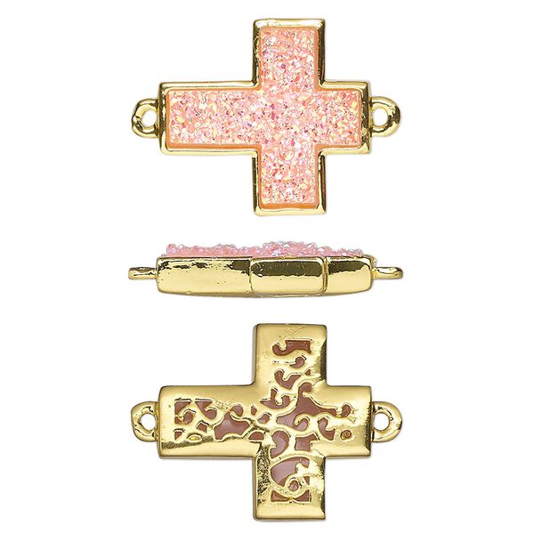 Link, Druzylite™, "druzy" (resin) and gold-finished brass, pink, 18x16mm two-sided cross with open filigree back. Sold per pkg of 4. image number 0
