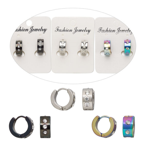 Earring mix, glass rhinestone and mixed finish stainless steel, clear, 14mm round hoop with hinged closure. Sold per pkg of 3 pairs. image number 0