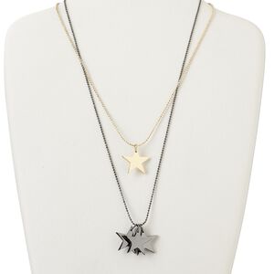 Necklace, 2-strand, gold-finished brass and gunmetal-finished "pewter" (zinc-based alloy), 24x22mm star, 19 inches with lobster claw clasp and 4-inch extender chain. Sold individually.