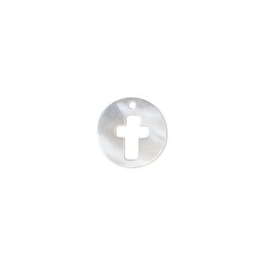 Drop, black lip shell (natural), 12mm round with cutout cross, Mohs hardness 3-1/2. Sold individually.