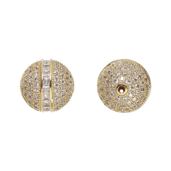 Bead, glass rhinestone and gold-finished brass, clear, 14mm round. Sold individually. image number 0