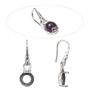 Earring fishhook 1pkg2 sterling silver, 25-29mm fancy dot design / 6mm round cab 2-prong open back setting, 20 gauge antiqued 1 pair