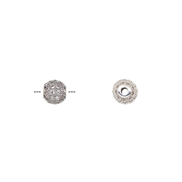 Bead, cubic zirconia and silver-finished brass, clear, 5.5mm textured round. Sold individually. image number 0
