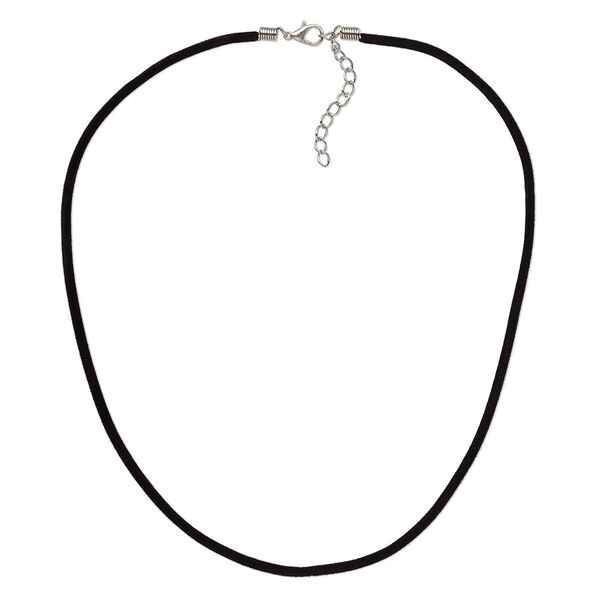 Necklace cord, velveteen with imitation rhodium-finished steel and "pewter" (zinc-based alloy), black, 3mm wide, 18 inches with 1-1/2 inch extender chain and lobster claw clasp. Sold per pkg of 3. image number 0