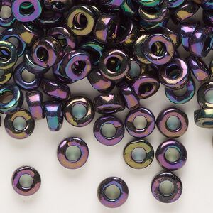 Bead, bugle bead, Czech glass, opaque iris black and red, #32, 6.5x2.5mm chalk pony. Sold per 50-gram pkg.