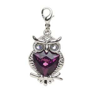 Charm "pewter" zinc-based alloy steel glass, 1pk 24x17mm owl lobster claw clasp, antique silver finish tanzanite AB amethyst