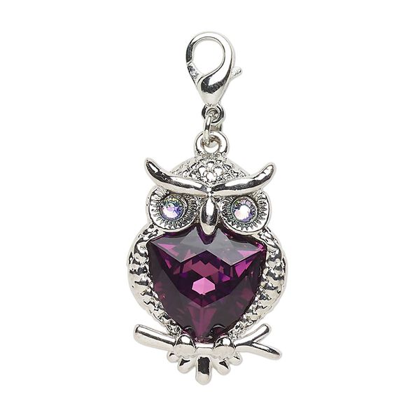 Charm "pewter" zinc-based alloy steel glass, 1pk 24x17mm owl lobster claw clasp, antique silver finish tanzanite AB amethyst image number 0