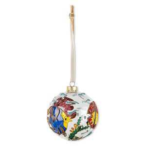 Ornament, glass / enamel / velveteen ribbon / gold-finished copper / brass / steel, clear and multicolored, 3-inch round with fish and plant design. Sold individually.