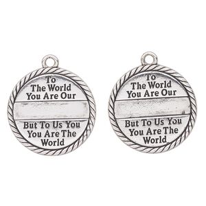 Charm, antique silver-finished enamel "pewter" (zinc-based alloy), black, 28mm braided edge flat round "To the world you are our; but to us you are the world". Sold per pkg of 2.