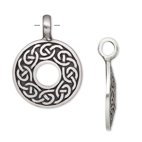 Pendant, antiqued pewter (tin-based alloy), 47x35mm domed open round with Celtic knot design. Sold individually. image number 0