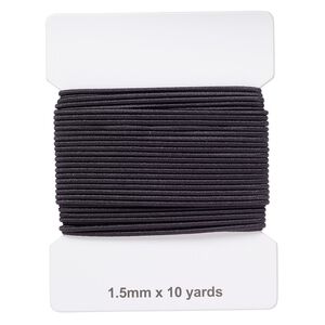 Cord, elastic rubber and nylon, black, 1.5mm diameter. Sold per pkg of 10 yards.