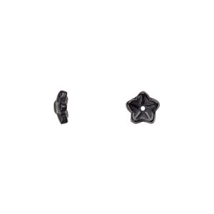 Bead cap, Czech pressed glass, jet, 7x3mm flower, fits 5-7mm bead. Sold per pkg of 50.