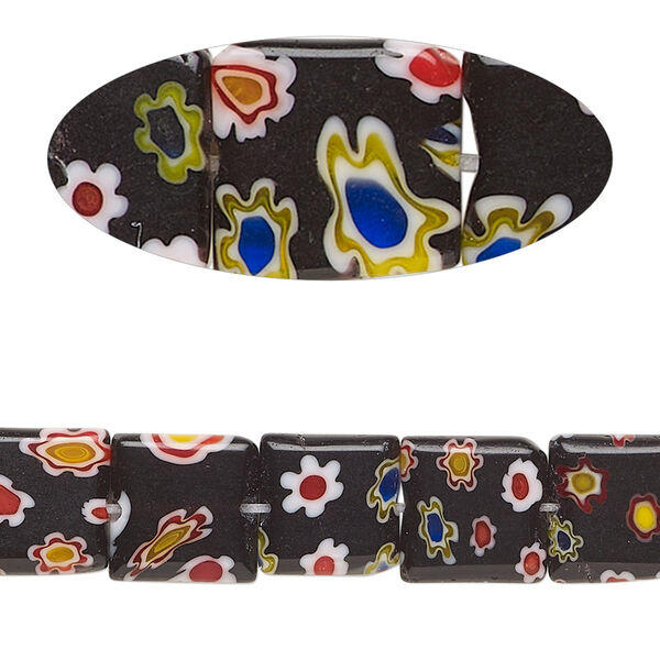 Bead, millefiori glass, black, 10mm puffed square. Sold per 15-inch strand. image number 0