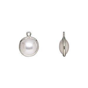 Drop, acrylic pearl and imitation rhodium-finished brass, opaque cream, 10mm double-sided round. Sold per pkg of 10.