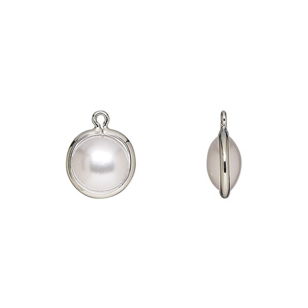 Drop, acrylic pearl and imitation rhodium-finished brass, opaque cream, 10mm double-sided round. Sold per pkg of 10. image number 0
