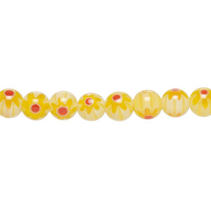 Bead, millefiori glass 1pkg1, translucent yellow / golden yellow / multicolored, 6mm round, 15 inches.