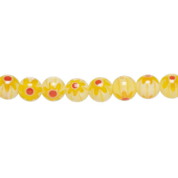 Bead, millefiori glass 1pkg1, translucent yellow / golden yellow / multicolored, 6mm round, 15 inches. image number 0