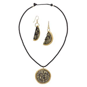 Necklace and earring set, One of a Kind Jewelry, polymer clay / nylon / gold-plated brass, gold and black, 20-inch necklace. Only one available.