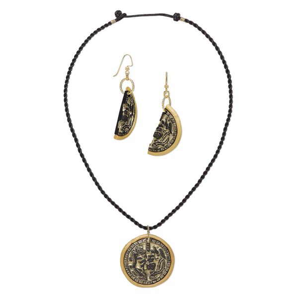 Necklace and earring set, One of a Kind Jewelry, polymer clay / nylon / gold-plated brass, gold and black, 20-inch necklace. Only one available. image number 0