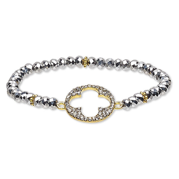 Bracelet, glass / glass rhinestone / gold-finished "pewter" (zinc-based alloy), black hematite and clear, 4x3mm faceted rondelle and 18mm round with cutout clover, 6 inches. Sold individually. image number 0