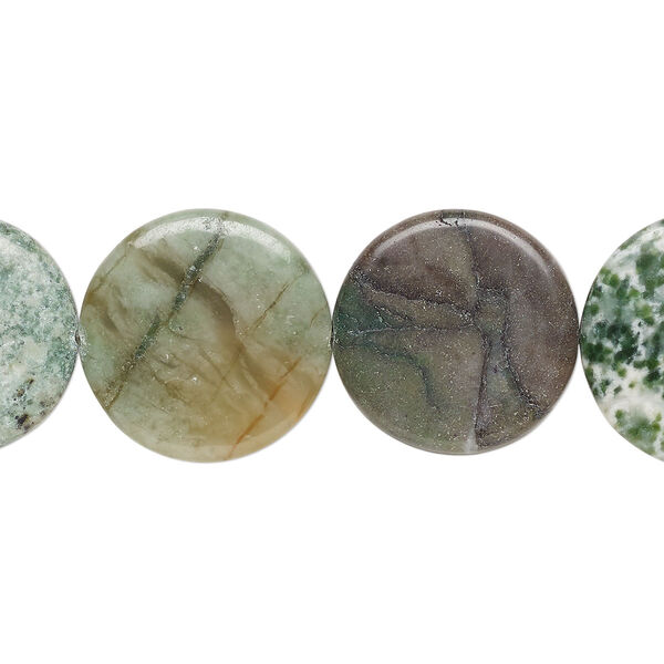 Bead, multi-gemstone (natural), 24-26mm puffed flat round, C grade, Mohs hardness 3-7. Sold per 15-inch strand, approximately 15 beads. image number 0
