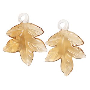 Drop, lampworked glass, transparent orange, 25x24mm handmade single-sided maple leaf. Sold per pkg of 2.