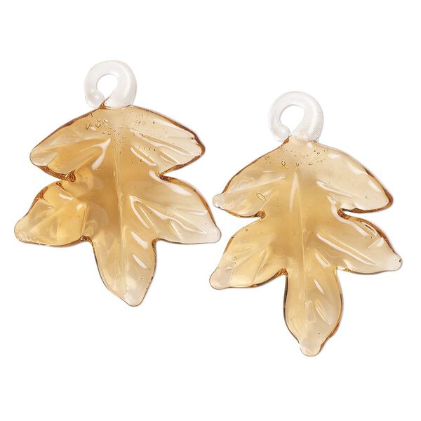 Drop, lampworked glass, transparent orange, 25x24mm handmade single-sided maple leaf. Sold per pkg of 2. image number 0