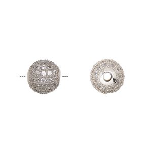 Bead, cubic zirconia and silver-finished brass, clear, 9.5mm textured round. Sold individually.