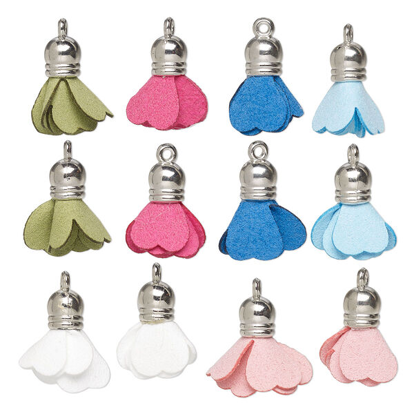 Drop, silver-finished steel and polyester, mixed colors, 18x12mm flower tassel. Sold per pkg of 12. image number 0