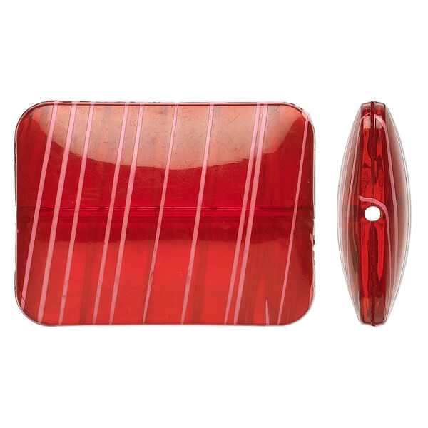 Bead, acrylic, semitransparent red and white, 40x30mm puffed rectangle with painted line design. Sold per pkg of 12. image number 0