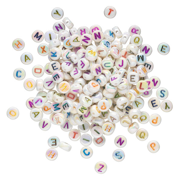 Bead mix, acrylic, white AB with multicolored alphabet, 7x4mm double-sided flat round with 1mm drill hole. Sold per pkg of 200. image number 1