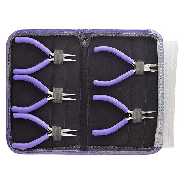 Pliers set, side-cutter / round-nose / flat-nose / chain-nose / curved chain-nose, stainless steel / PVC foam / vinyl, purple, 5-1/4 inches with 10x6x1-1/4 inch case. Sold per 5-piece set. image number 0