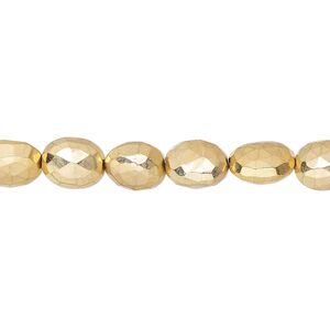 Bead, oxidized / gold-plated / electroplated pyrite (coated), 8x6mm-10x8mm hand-cut faceted puffed oval with 0.4-1.1mm hole, B- grade, Mohs hardness 6. Sold per 8-inch strand.